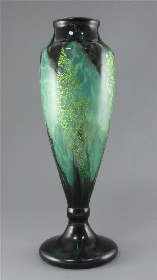 A Daum Nancy green mottled and foil decorated vase, c.1925, 43.5cm